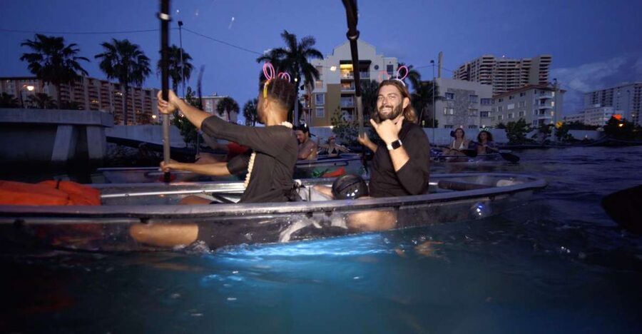 Lighted Clear Kayaks at Night w/ Champagne in Miami Beach - Clear Kayaks + Miami Beach Neon Lights, After Dark